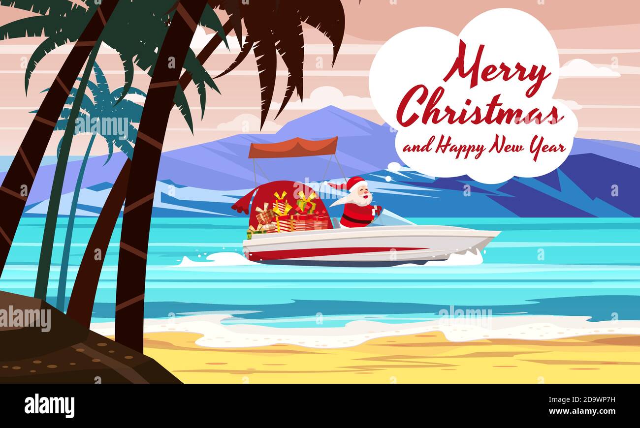 Frohe Weihnachten Weihnachtsmann auf Schnellboot auf Meer Meer tropische Insel Palmen Berge Meer. Vektor-Illustration isoliert Cartoon-Stil Stock Vektor
