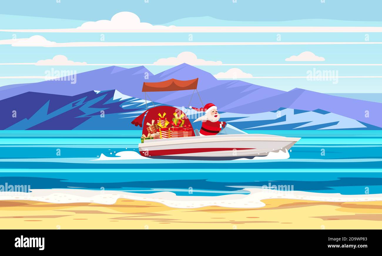 Frohe Weihnachten Weihnachtsmann auf Schnellboot auf Meer Meer tropische Insel Berge am Meer. Vektor-Illustration isoliert Cartoon-Stil Stock Vektor