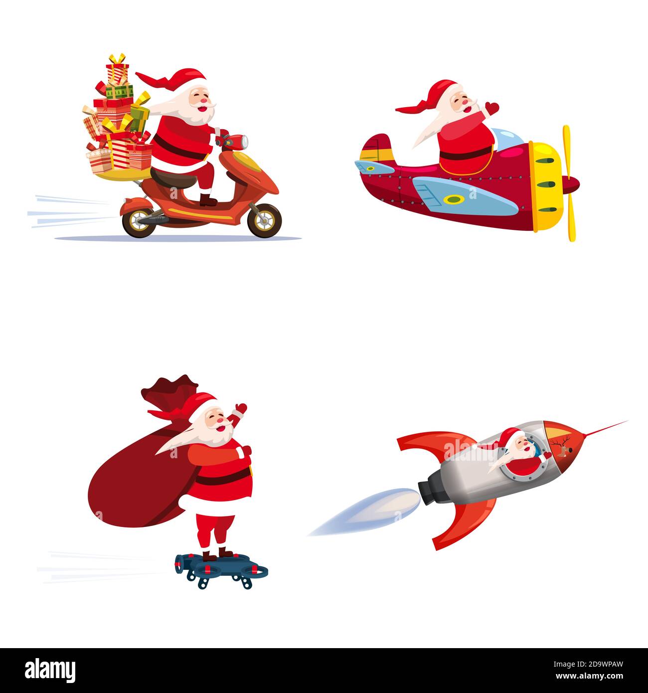 Set von Santa Claus von verschiedenen Arten von Transportfahrzeugen, Moped, Flugzeug, Rakete, Drohne. Vektor, Illustration, isolierte Cartoon-Stil Stock Vektor