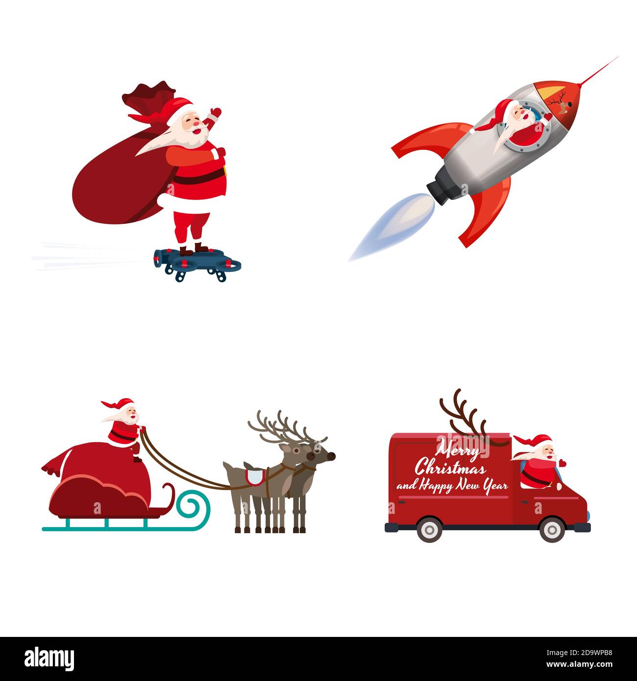 Set von Santa Claus von verschiedenen Arten von Transportfahrzeugen LKW, Rakete, Drohne, Schlitten. Vektor, Illustration, isolierte Cartoon-Stil Stock Vektor