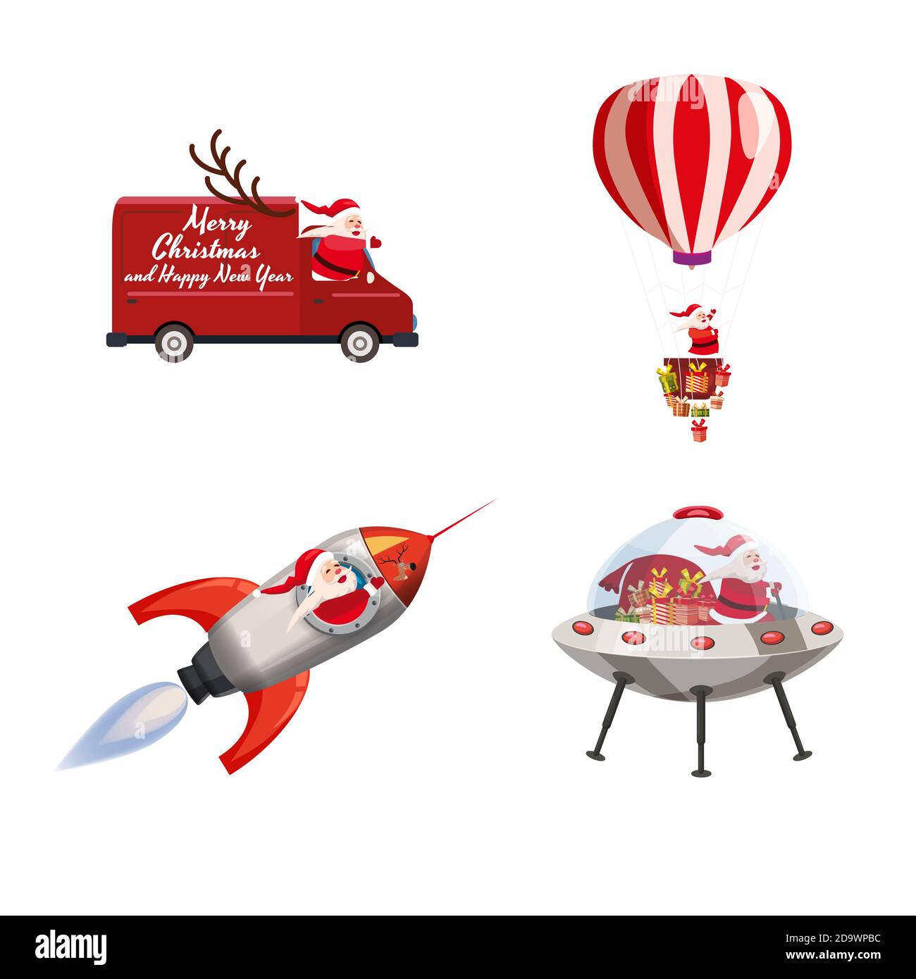 Set von Santa Claus von verschiedenen Arten von Transportfahrzeugen LKW, Rakete, Ballon, UFO. Vektor, Illustration, isolierte Cartoon-Stil Stock Vektor