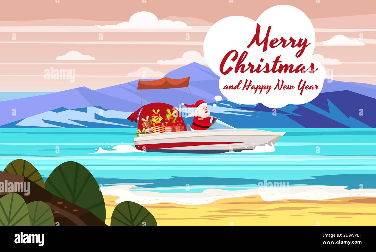 Frohe Weihnachten Weihnachtsmann auf Schnellboot auf Meer Meer tropische Insel Berge am Meer. Vektor-Illustration isoliert Cartoon-Stil Stock Vektor