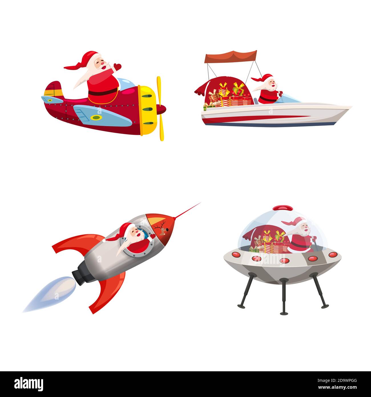 Set von Santa Claus von verschiedenen Arten von Transportfahrzeugen Boot, Flugzeug, Rakete, UFO. Vektor, Illustration, isolierte Cartoon-Stil Stock Vektor