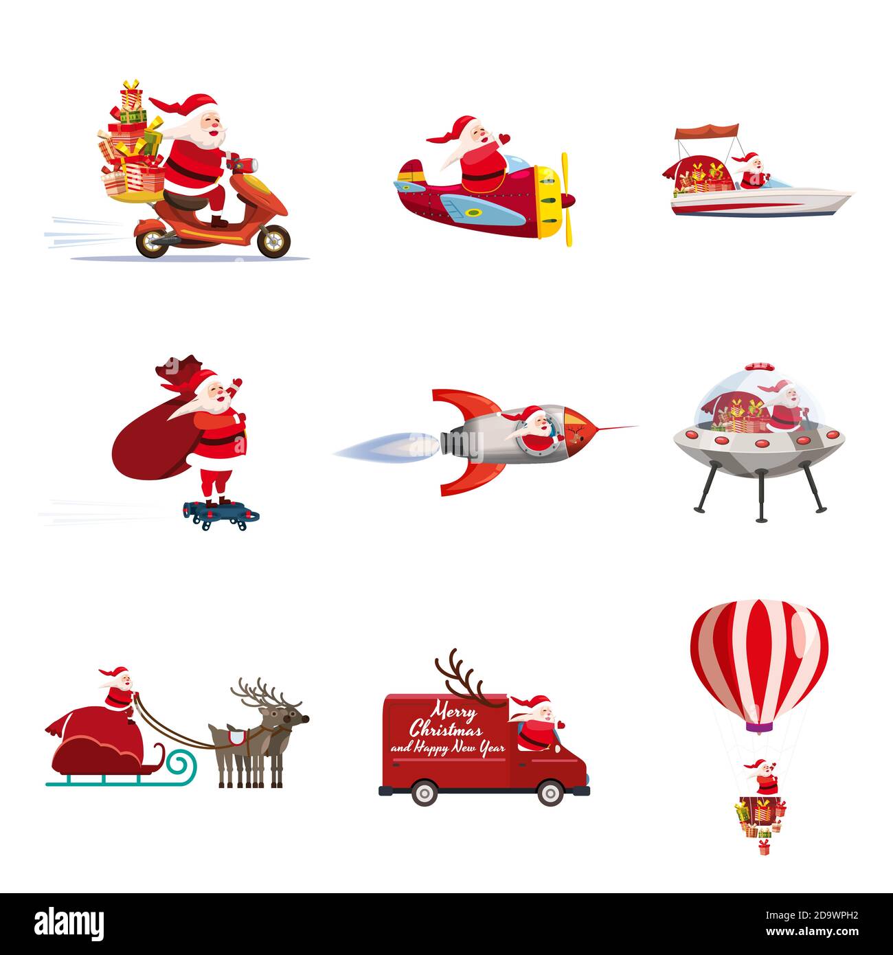 Set von Santa Claus von verschiedenen Arten von Transportfahrzeugen LKW, Moped, Boot, Flugzeug, Rakete, Drohne, UFO, Schlitten, Ballon. Vektor, Illustration Stock Vektor