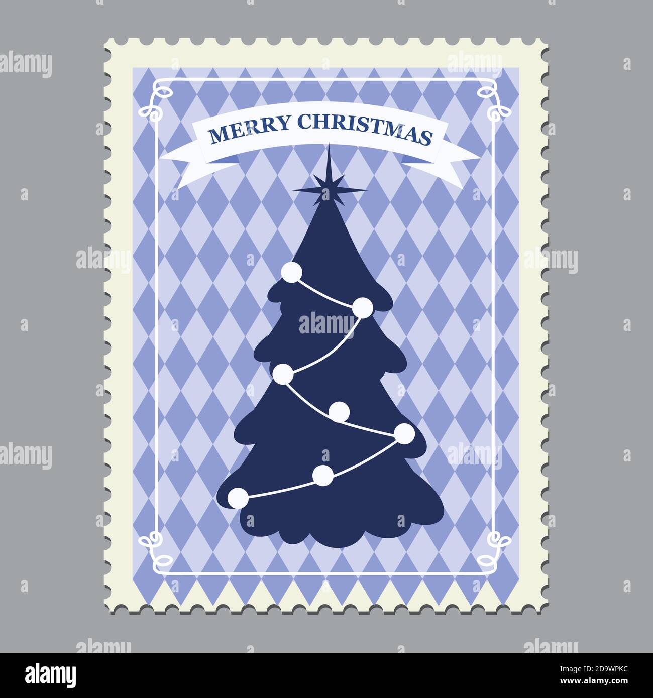 Frohe Weihnachten Retro Briefmarke mit Weihnachtsbaum. Vektordarstellung isoliert Stock Vektor