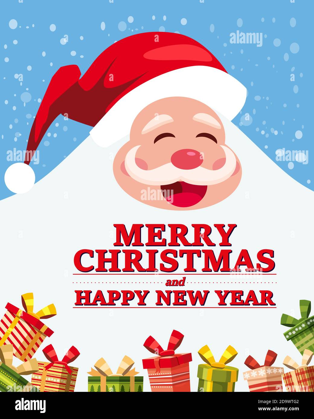 Weihnachtsmann groß und lustig lächelnd mit Geschenken. Grußkarte Frohe Weihnachten und Frohe Neujahr Poster Banner Vektor Illustration isoliert Stock Vektor