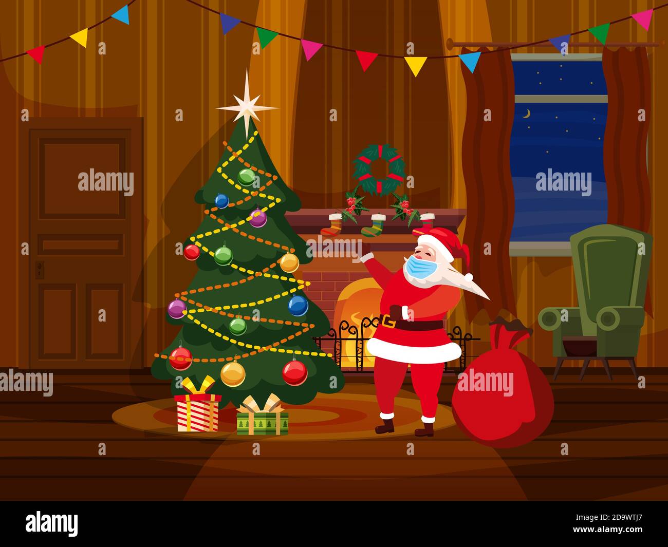 Frohe Weihnachten Interieur des Wohnzimmers mit einem Weihnachtsbaum, Geschenke und einen Kamin, Fenster, Möbel, Weihnachtskranz, Dekorationen. Vektor Stock Vektor