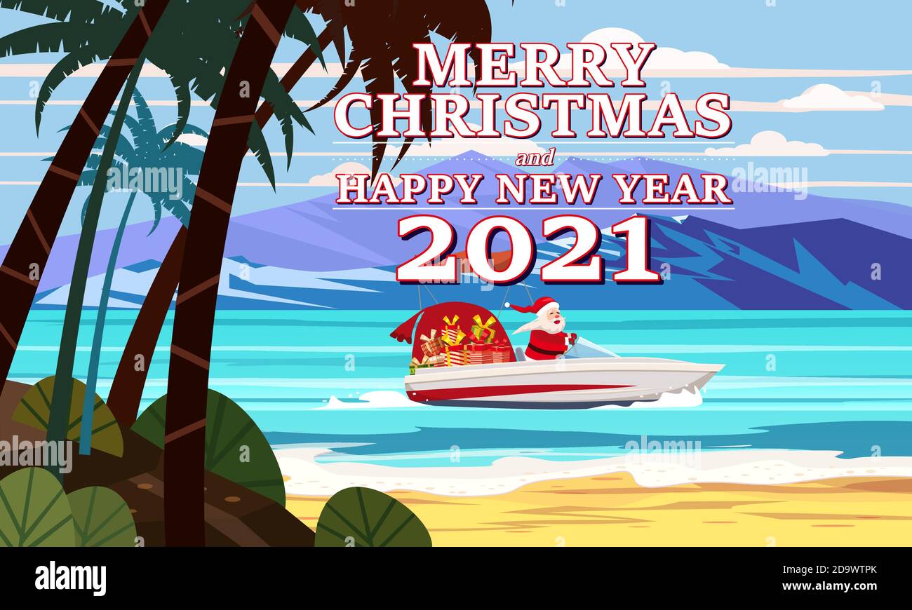 Frohe Weihnachten Weihnachtsmann auf Schnellboot auf Meer Tropische Insel Palmen Berge am Meer liefern Schiffsgeschenke Stock Vektor
