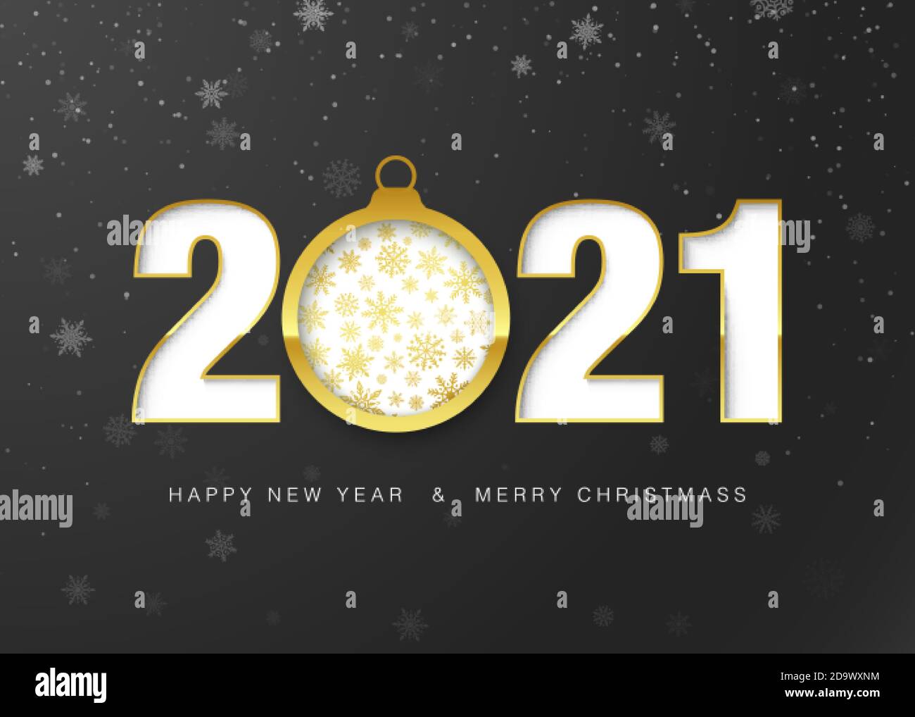 2021 Glückliche Neujahrskarte. Gold Papier geschnitten Weihnachtskugel und Grußtext. Dekorationselement für Urlaubsbanner und Einladung. Vecto Stock Vektor