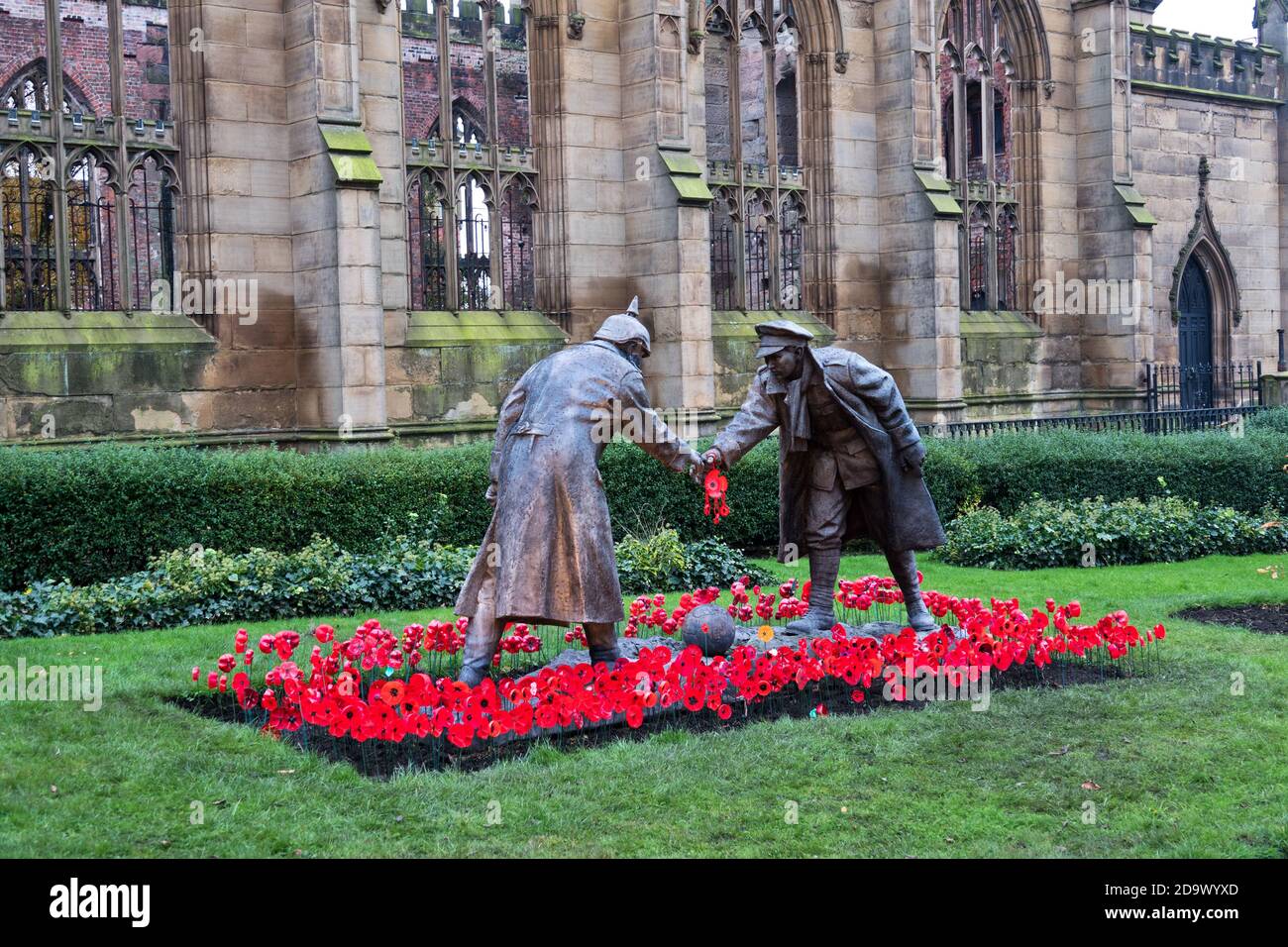 Liverpool, Großbritannien. November 2020. Remembrance Day Poppy Garden in St. Luke's 'Bombed Out' Church in Leece Street Liverpool, vor der Statue namens 'All Together Now', entworfen von Andy Edwards Capture's The Moment britische und deutsche Soldaten hörten auf zu kämpfen und spielten Fußball am Weihnachtstag 1914. Kredit: ken biggs/Alamy Live Nachrichten Stockfoto