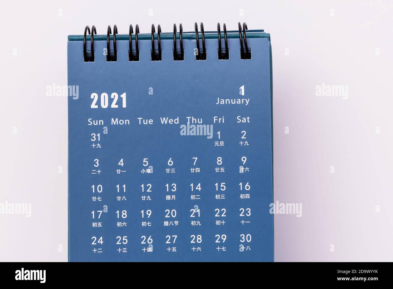 Januar 1 Jahr 2021 blauer Farbkalender Stockfoto