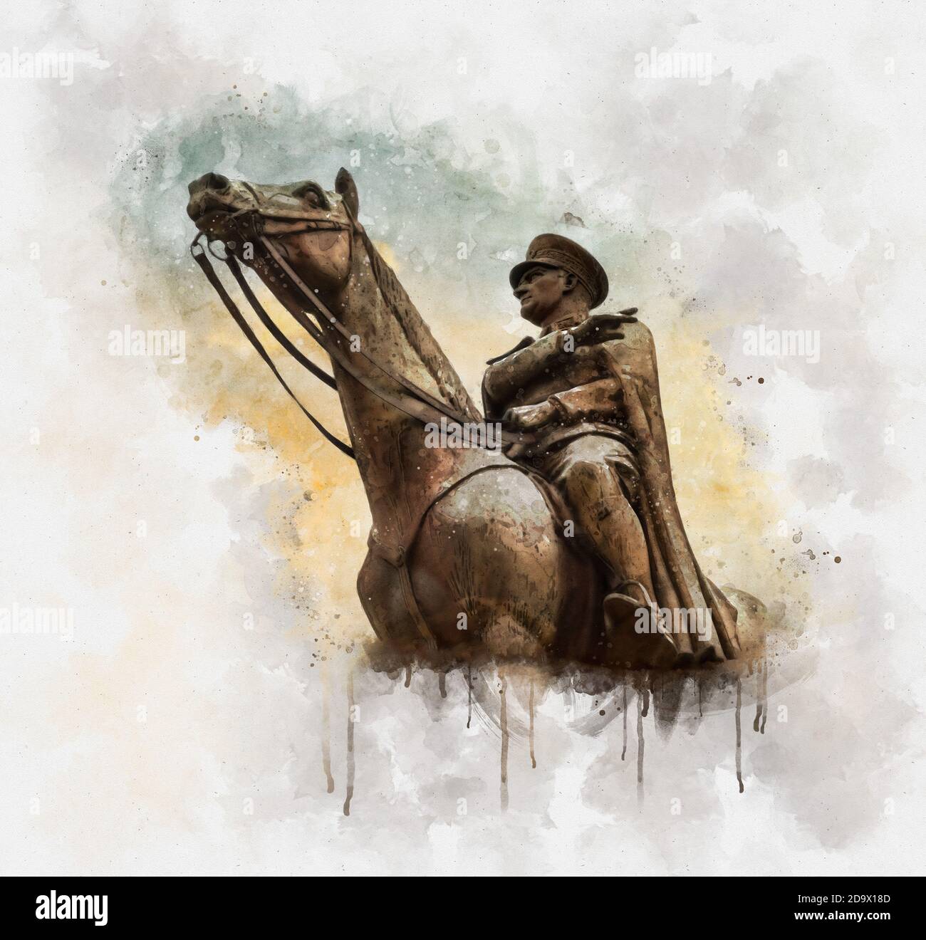 Aquarell-Illustration der Nronze-Gedenkstatue von Mustafa Kemal Atatürk auf seinem Pferd, dem Gründer der Republik Türkei, über dem Sonnenuntergangshimmel. Stockfoto