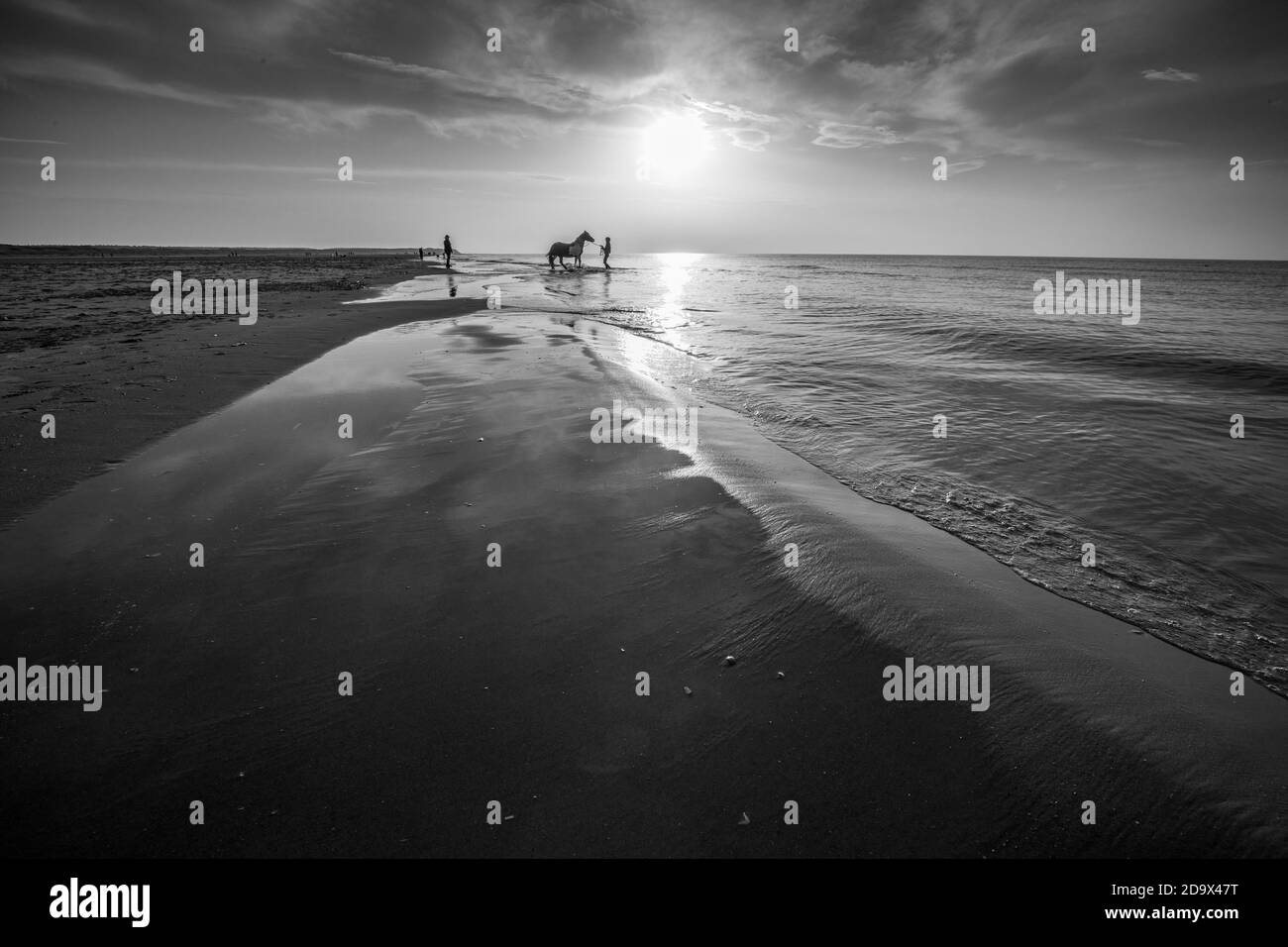 Ein Pferd und seine Besitzer sind allein auf einem leeren Strand an der Sefton Küste, während das sanfte Wasser auf dem Sand umschmilzend. Stockfoto