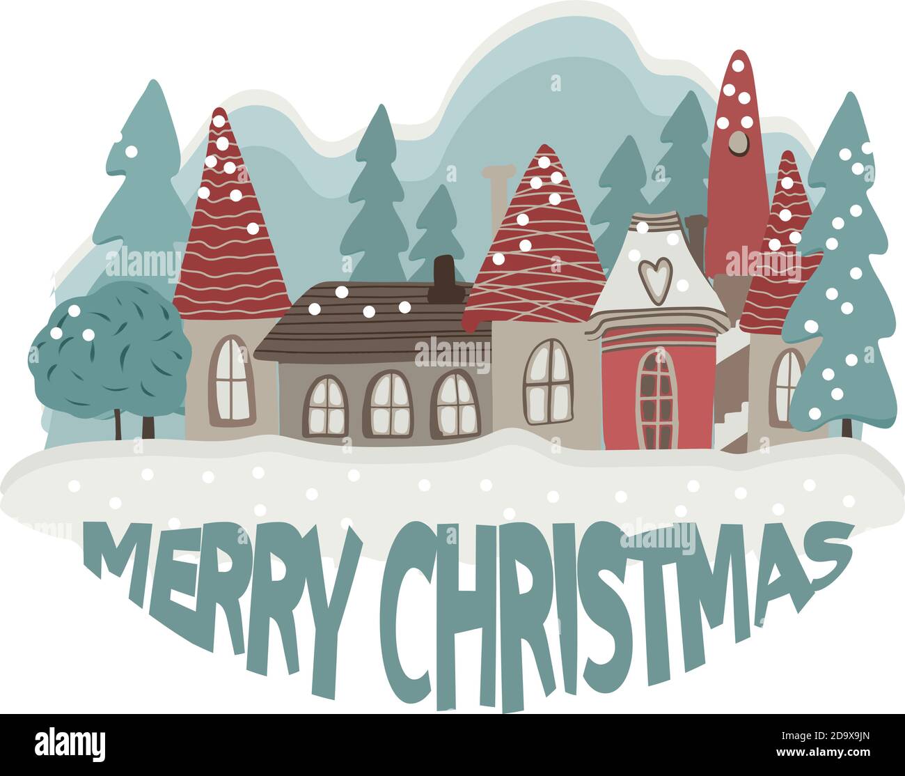 Frohe Weihnachtskarte. Weihnachtshäuser, Bäume, Schnee. Stock Vektor