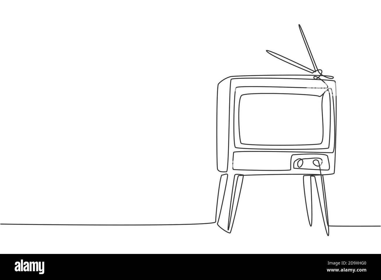 Eine durchgehende Linienzeichnung eines altmodischen retro-fernsehers mit Holztisch und Tischbeinen. Klassisches analoges Fernsehkonzept mit einer einzigen Linie Stock Vektor