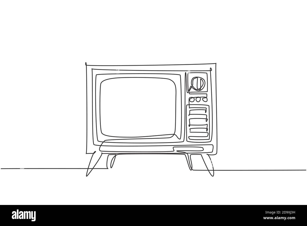 Einzelne kontinuierliche Linie Zeichnung von Retro altmodischen tv mit Holzkiste und Bein. Antikes antikes analoges Fernsehkonzept eine Linie zeichnen Grafik Stock Vektor