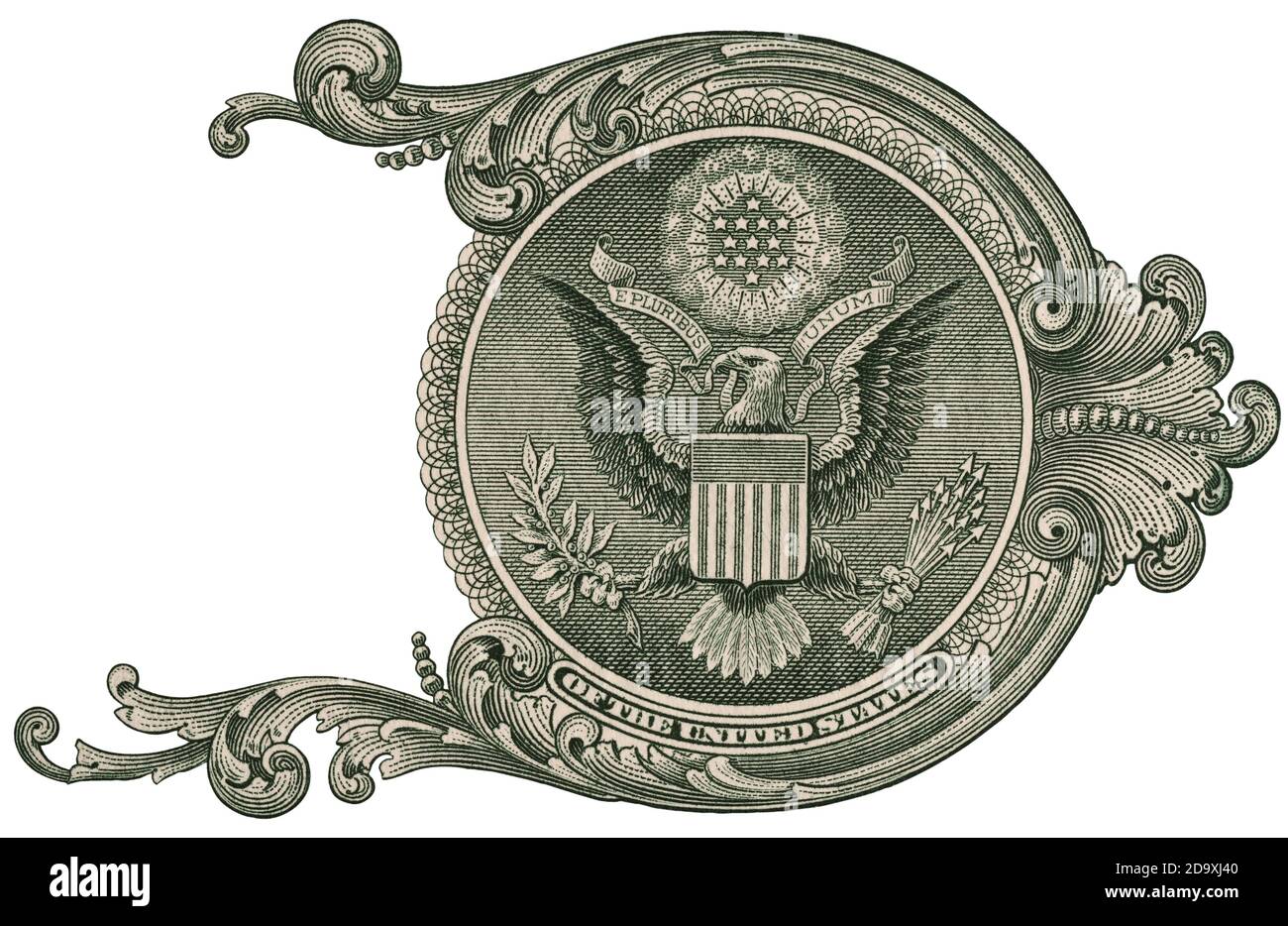 Großes Siegel, US-Dollar-Schein Nahaufstellung Makro, 1 usd-Banknote, us-Geld Stockfoto