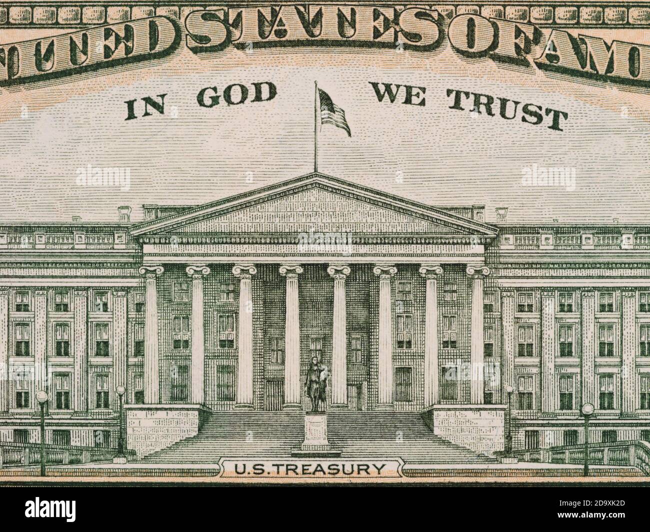 US Department of the Treasury von der Rückseite der zehn-Dollar-Rechnung, vereinigte Staaten Geld Nahaufnahme Stockfoto
