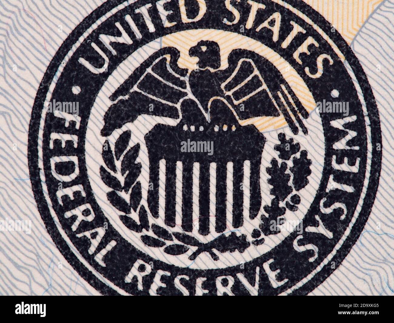 Siegel des Federal Reserve Systems auf dem US-Dollar-Geldmakro von 20 Dollar, us-Geldschließungen Stockfoto