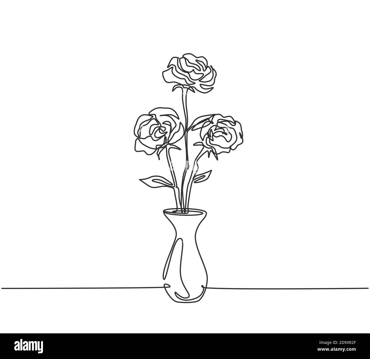 Eine kontinuierliche Linie Zeichnung von frischen schönen Rosenblüte auf Porzellan Vase. Moderne Grußkarte, Einladung, Logo, Banner, Posterkonzept Stock Vektor