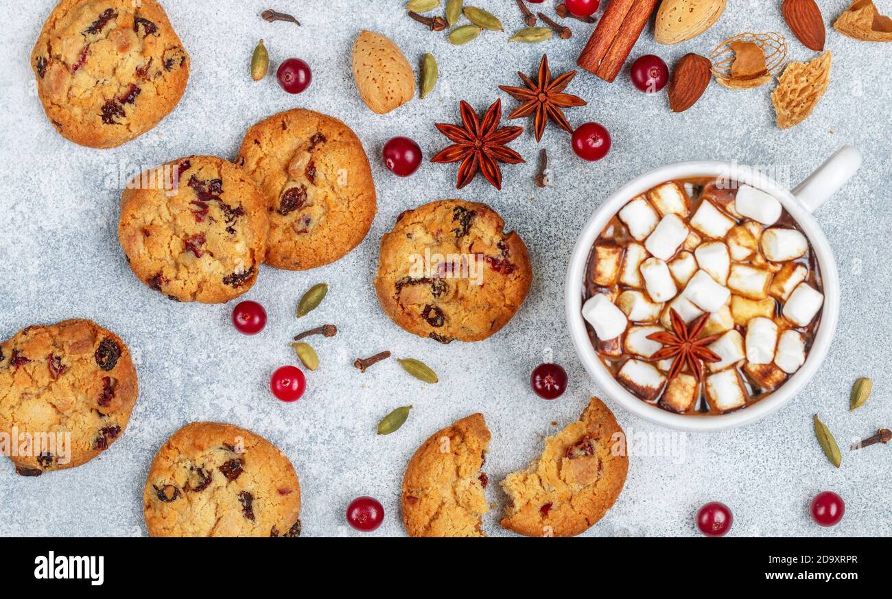 Heiße Schokolade (Kaffee, Kakao) mit Marshmallows in einer weißen Tasse und hausgemachte Kekse mit Preiselbeeren, Mandeln und Gewürzen (Zimt, Sternanis, Kardam Stockfoto