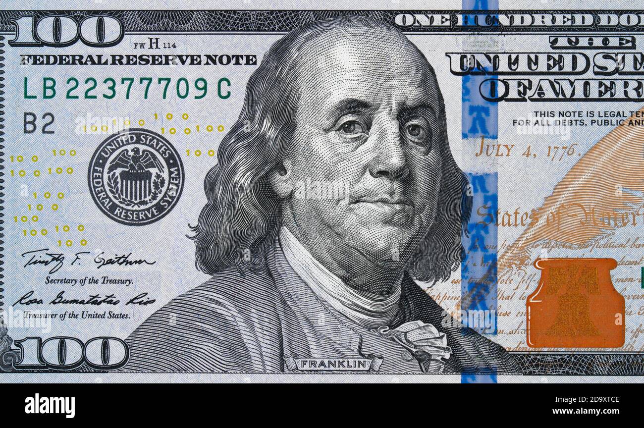 US-Dollar-Schein aus nächster Nähe, US-Notenrücklage. 100 Dollar. Der amerikanische Dollar ist die offizielle Währung der Vereinigten Staaten von Amerika. Stockfoto