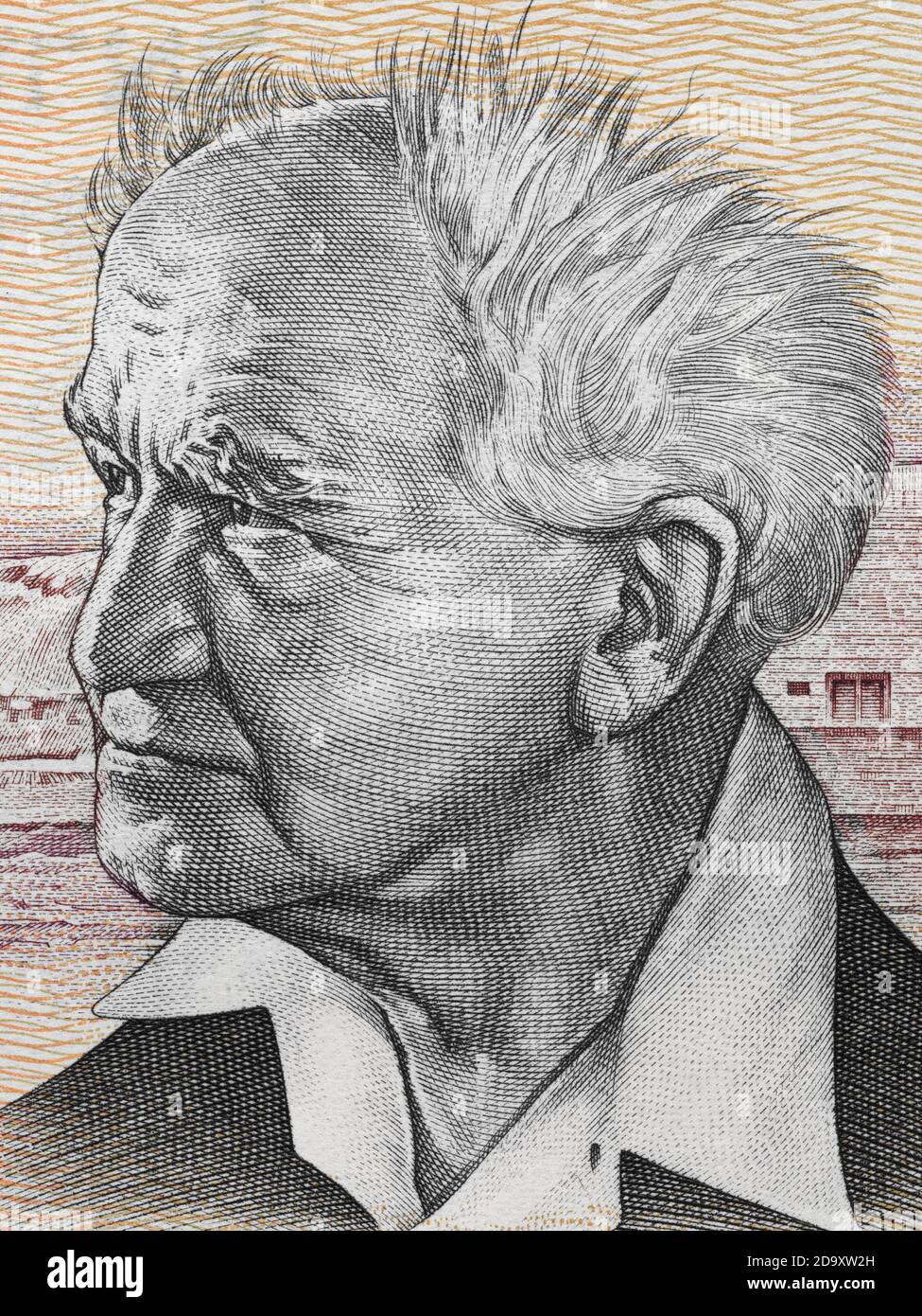 David Ben-Gurion Porträt über israelische 50 (alte) Sheqalim Banknote Nahauff Makro. Hauptgründer des Staates Israel und der erste Premierminister von Stockfoto