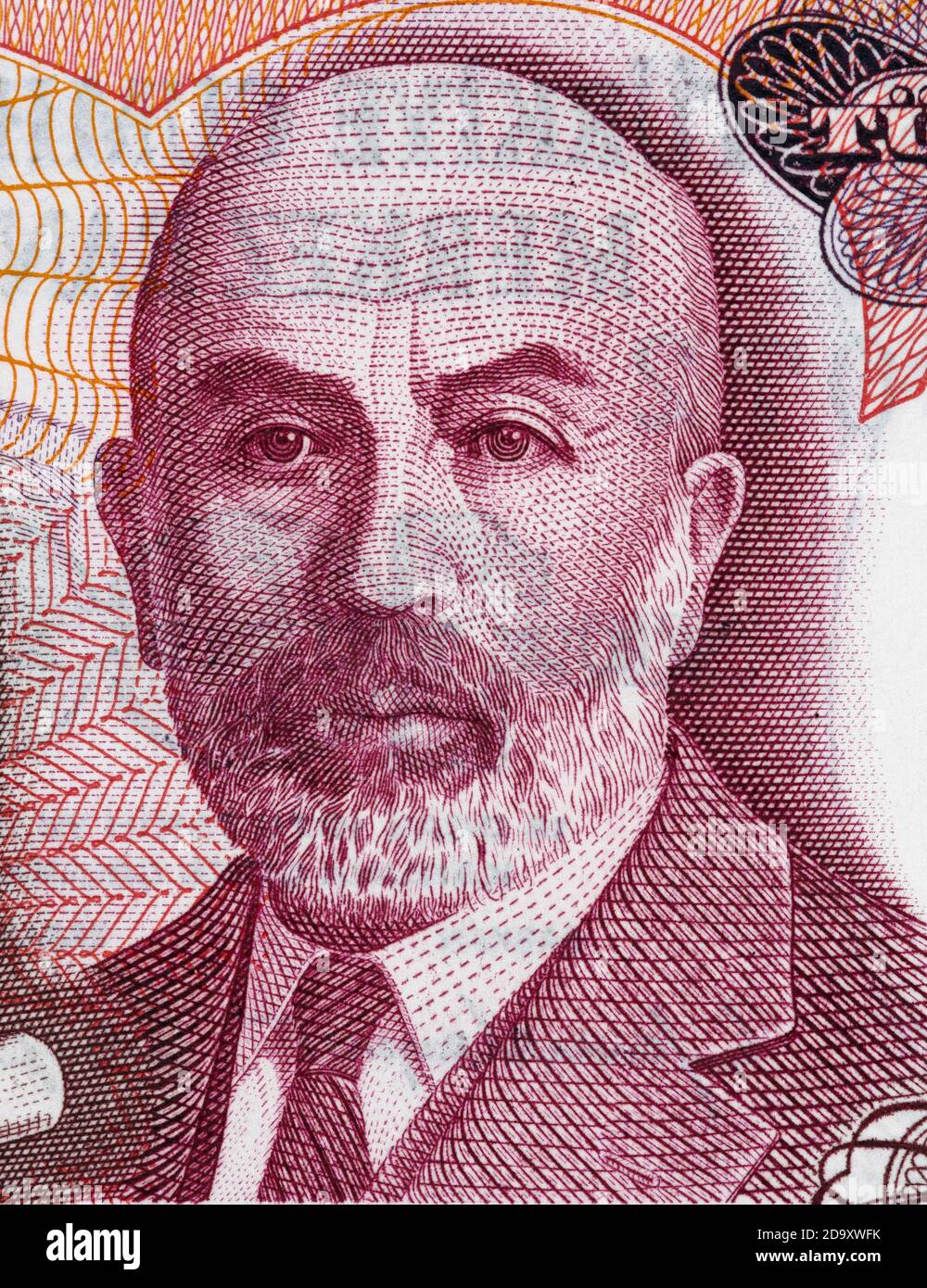 Mehmet Akif Ersoy Porträt auf Türkisch 100 Lira (1984) Banknote Nahaufnahme Makro, Autor der türkischen Nationalhymne, Geld Nahaufnahme Stockfoto