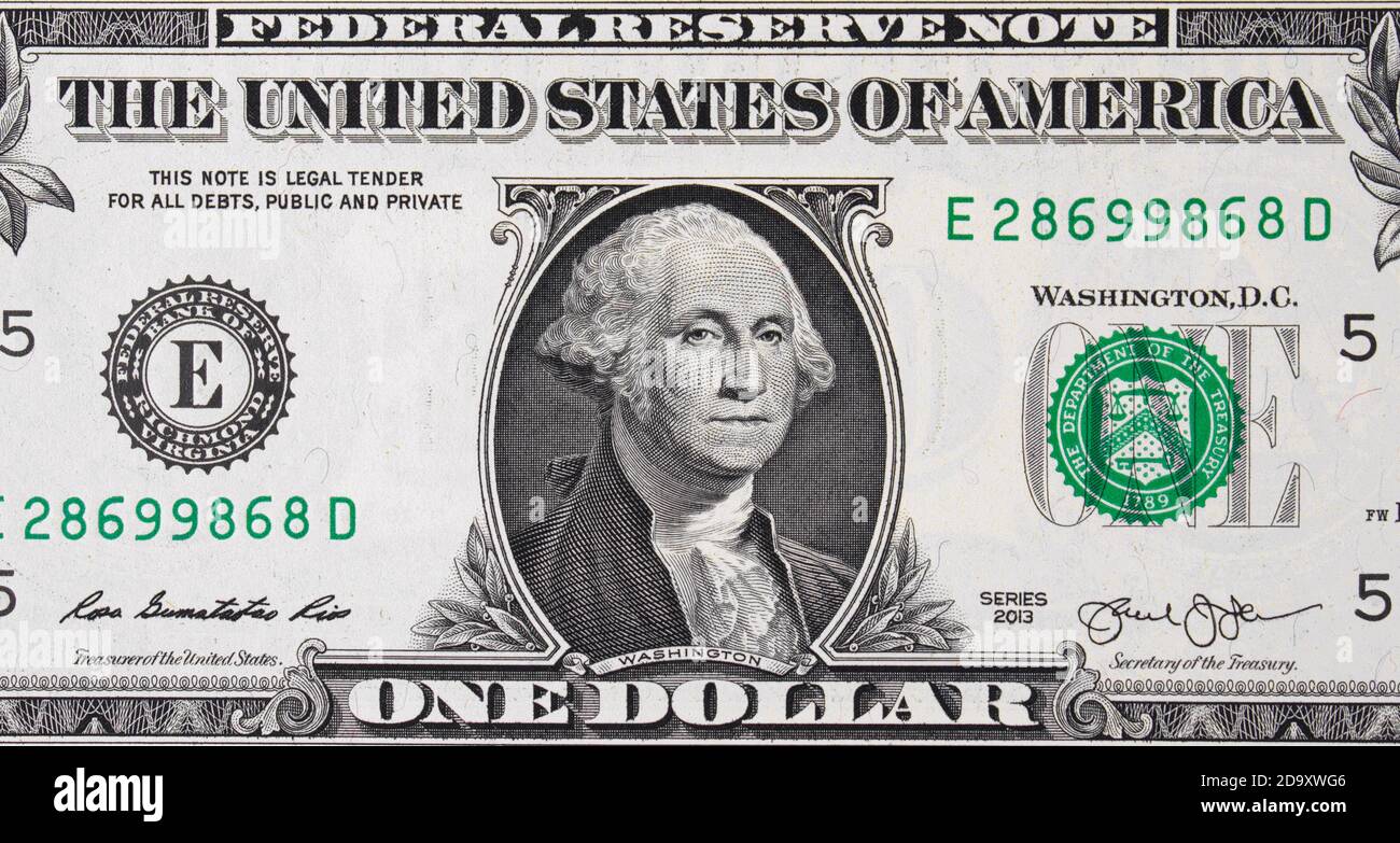 USA ein Dollar-Schein aus der Nähe, USA Geld aus der Nähe, US-Banknote Stockfoto