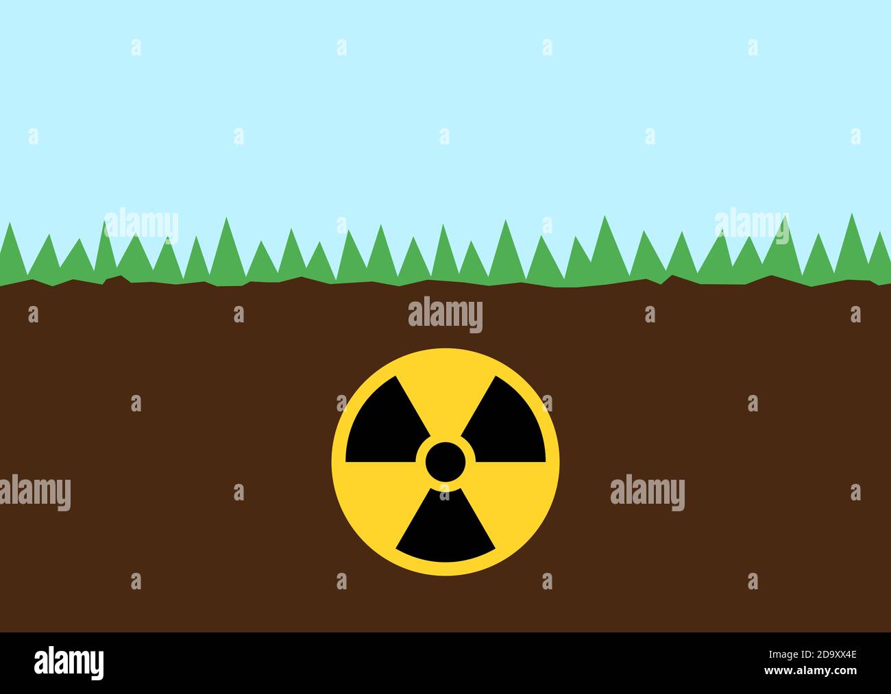 Boden und Boden sind kontaminiert, giftig und durch radioaktive Radioaktivität und Kernstrahlung verschmutzt. Vektorgrafik. Stockfoto