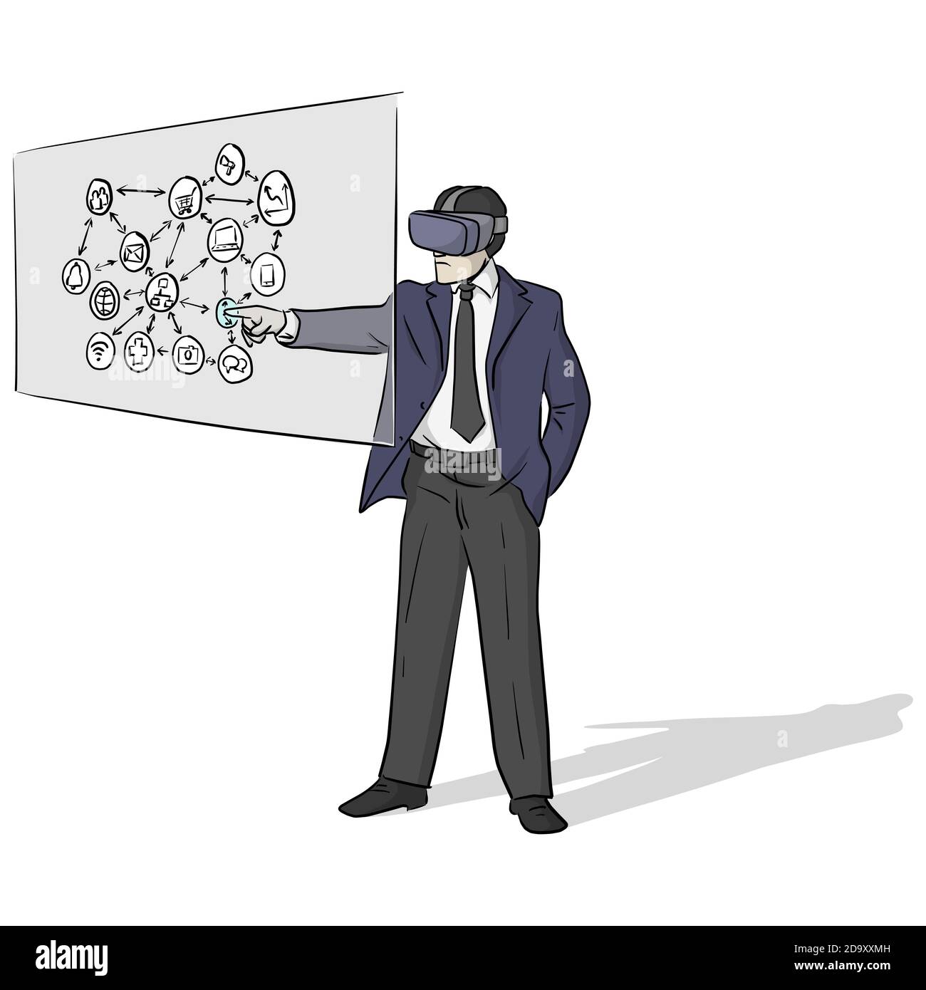 Geschäftsmann, der ein Virtual Reality- oder VR-Headset oder ein Head-Mounted-Display trägt Oder HMD-Brille und Touchscreen mit Business-Symbolvektor Abbildung wi Stock Vektor