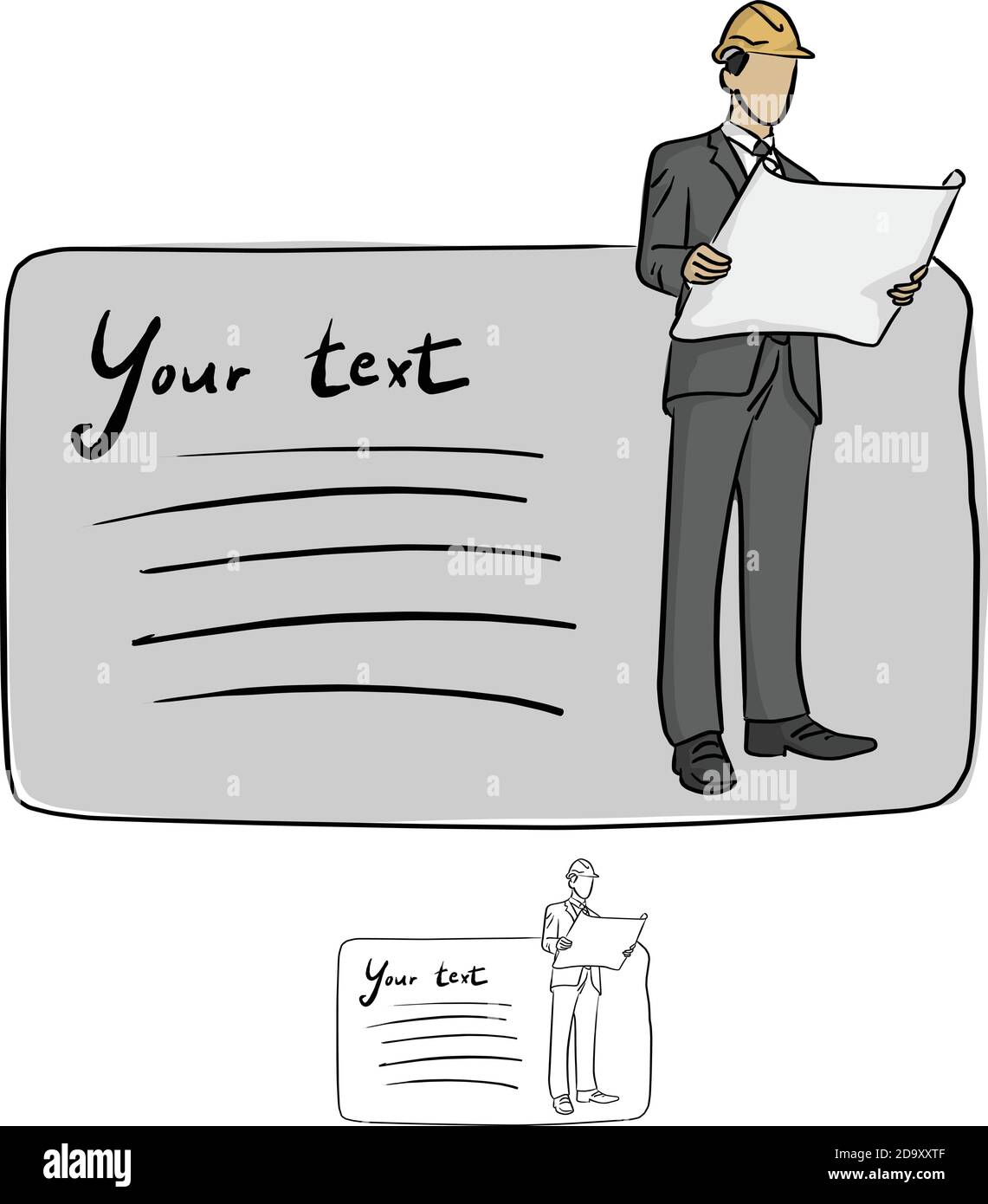 Geschäftsmann mit Schutzhardhat hält Blaupausen Pläne mit Copyspace Vektor Illustration Skizze Doodle Hand gezeichnet mit schwarzen Linien isoliert auf Stock Vektor