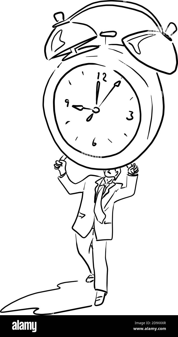Geschäftsmann hält große Uhr über seinem Kopf Vektor Illustration Skizze doodle handgezeichnet mit schwarzen Linien isoliert auf weißem Hintergrund Stock Vektor