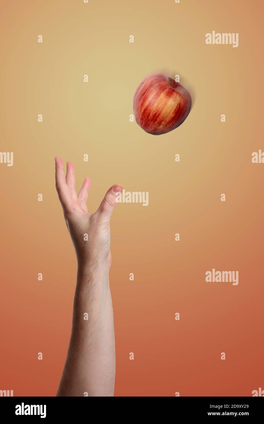 Hand fangen einen Apfel auf bunten Hintergrund, Studio-Foto Stockfoto