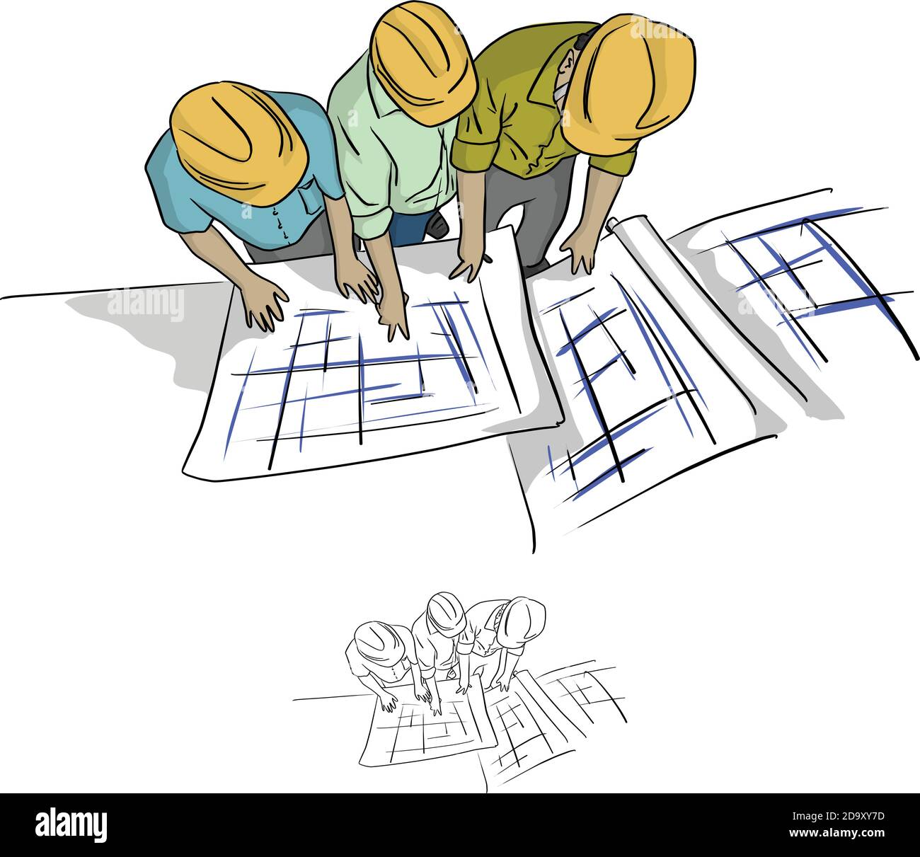 Draufsicht drei Bauingenieure beim Blick auf Blaupause in der Konstruktion Site Vektor Illustration Skizze Doodle Hand gezeichnet mit schwarzen Linien Isoliert Stock Vektor