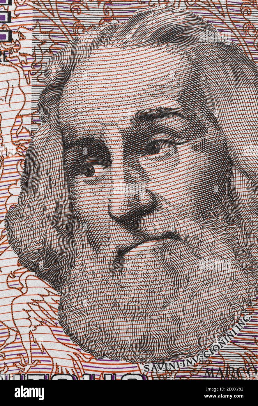 Marco Polo Porträt auf Italienisch 1000 Lire Banknote Nahaufnahme Makro. Berühmter Reisender, Entdecker, Kartograph. Stockfoto