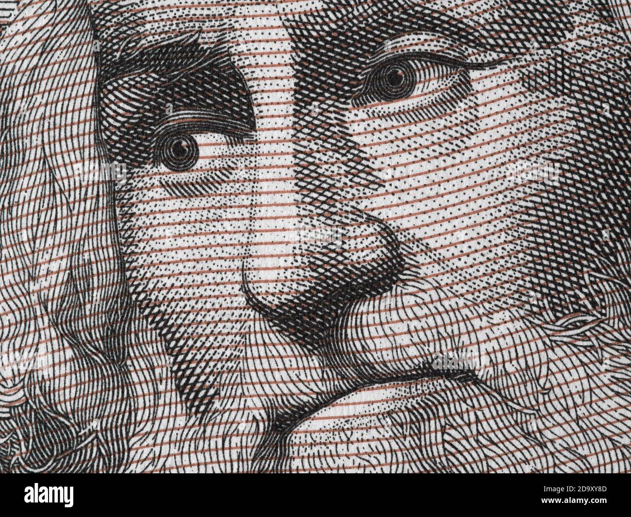 Marco Polo Porträt auf italienischer 1000 Lire Banknote Nahaufnahme Makro. Berühmter Reisender, Entdecker, Kartograph. Stockfoto