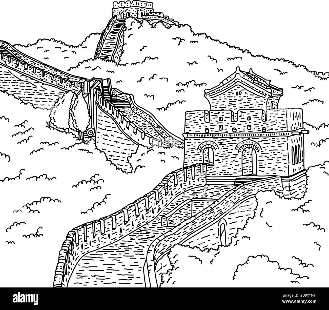 Große Wand von china Vektor Illustration Skizze Doodle Hand gezeichnet Mit schwarzen Linien isoliert auf weißem Hintergrund Stock Vektor