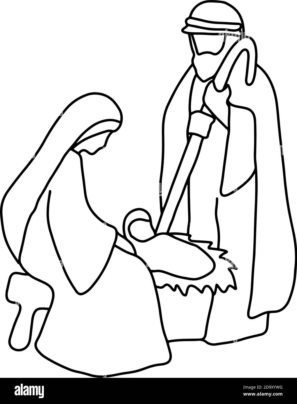 Joseph Mary und Baby Jesus Vektor Illustration Skizze Doodle Hand gezeichnet isoliert auf weißem Hintergrund. Weihnachtskrippe Stock Vektor