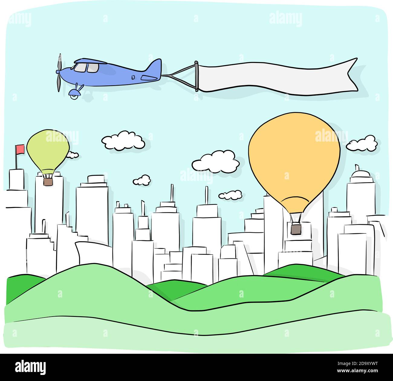 Landschaft Hintergrund der Stadt und Berge mit Retro-Flugzeug und Leeres Zeichen in der blauen Himmel Vektor Illustration Skizze Doodle Handgezeichnet mit schwarz Stock Vektor