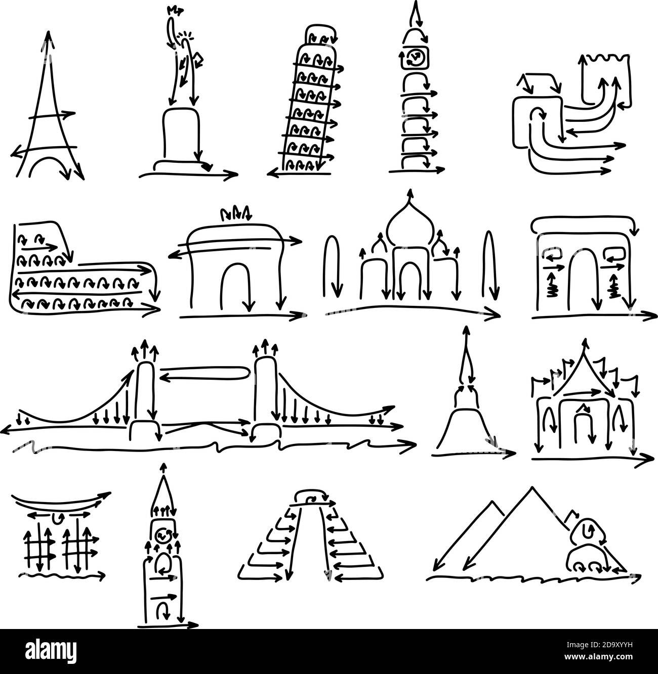 Welt Wahrzeichen Zeichen Set aus Pfeil Vektor Illustration Skizze gemacht doodle handgezeichnet mit schwarzen Linien isoliert auf weißem Hintergrund Stock Vektor