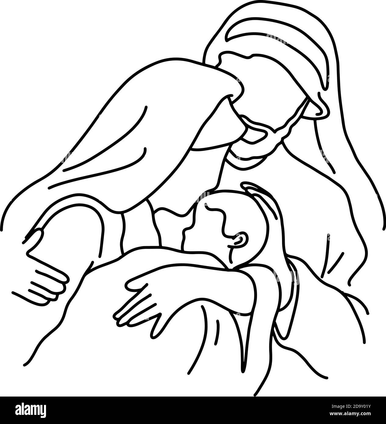 Nahaufnahme Weihnachtskrippe von Joseph und Maria mit Baby Jesus Vektor Illustration Skizze Doodle Hand gezeichnet mit schwarzen Linien Isoliert auf whit Stock Vektor