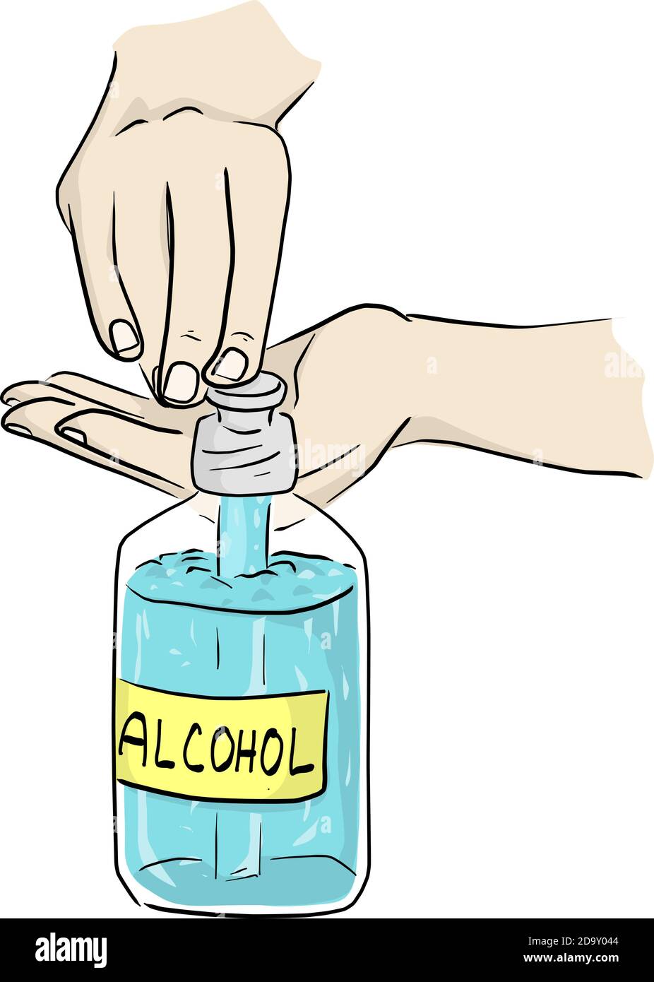 Handpresse Desinfektionsmittel Alkohol Gel Flasche zur Reinigung Desinfektion COVID-19 vektor-Illustration Skizze Doodle Hand gezeichnet isoliert auf weißem Hintergrund Stock Vektor