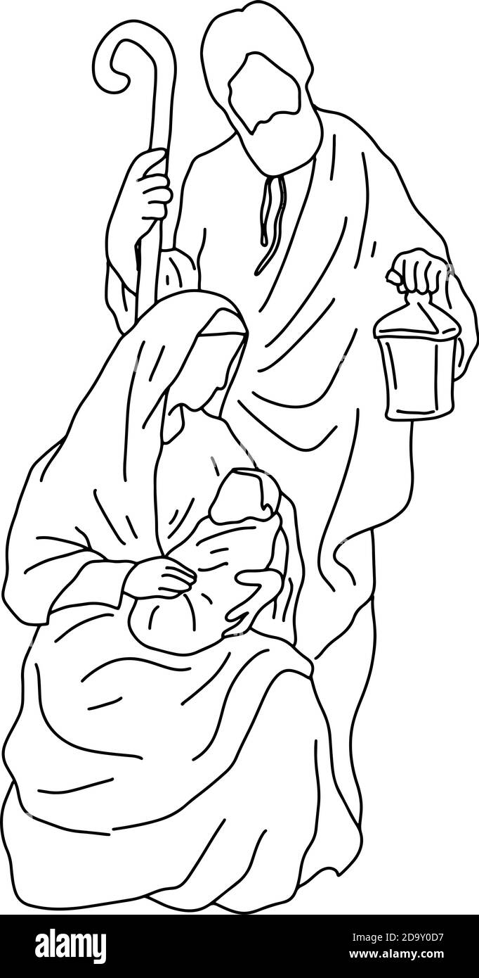 krippe von Joseph mit Stock und Maria hält Baby Jesus Vektor Illustration Skizze Doodle Hand gezeichnet mit schwarzen Linien Isoliert auf weißem Backgro Stock Vektor