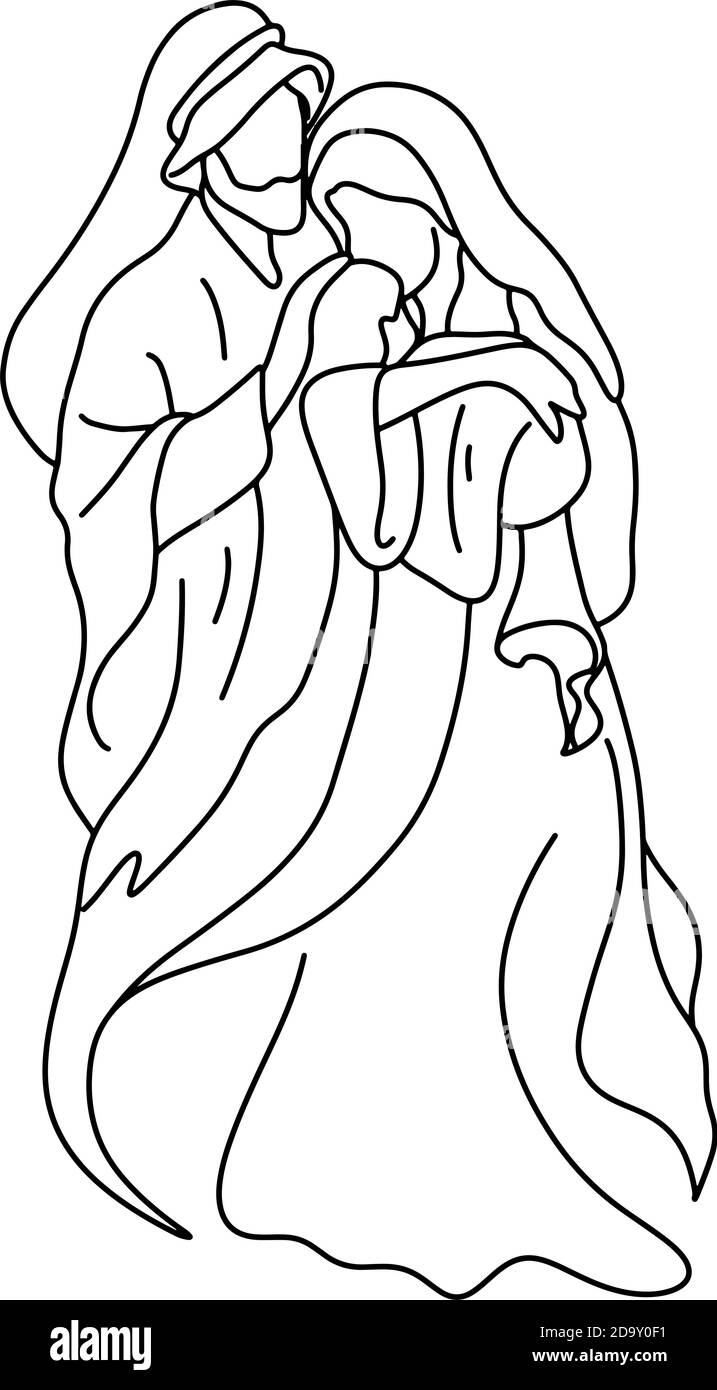 Joseph und Maria halten Baby Jesus Vektor Illustration Skizze Doodle Hand gezeichnet isoliert auf weißem Hintergrund. Weihnachtskrippe Stock Vektor