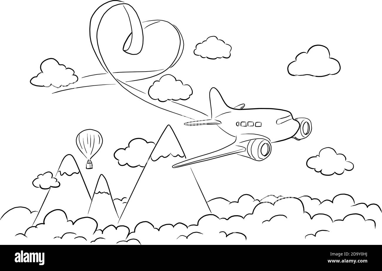 Flugzeug fliegen in den Himmel mit Herz-Form Band Vektor-Illustration Skizze Doodle Hand gezeichnet mit schwarzen Linien isoliert auf weiß Hintergrund Stock Vektor
