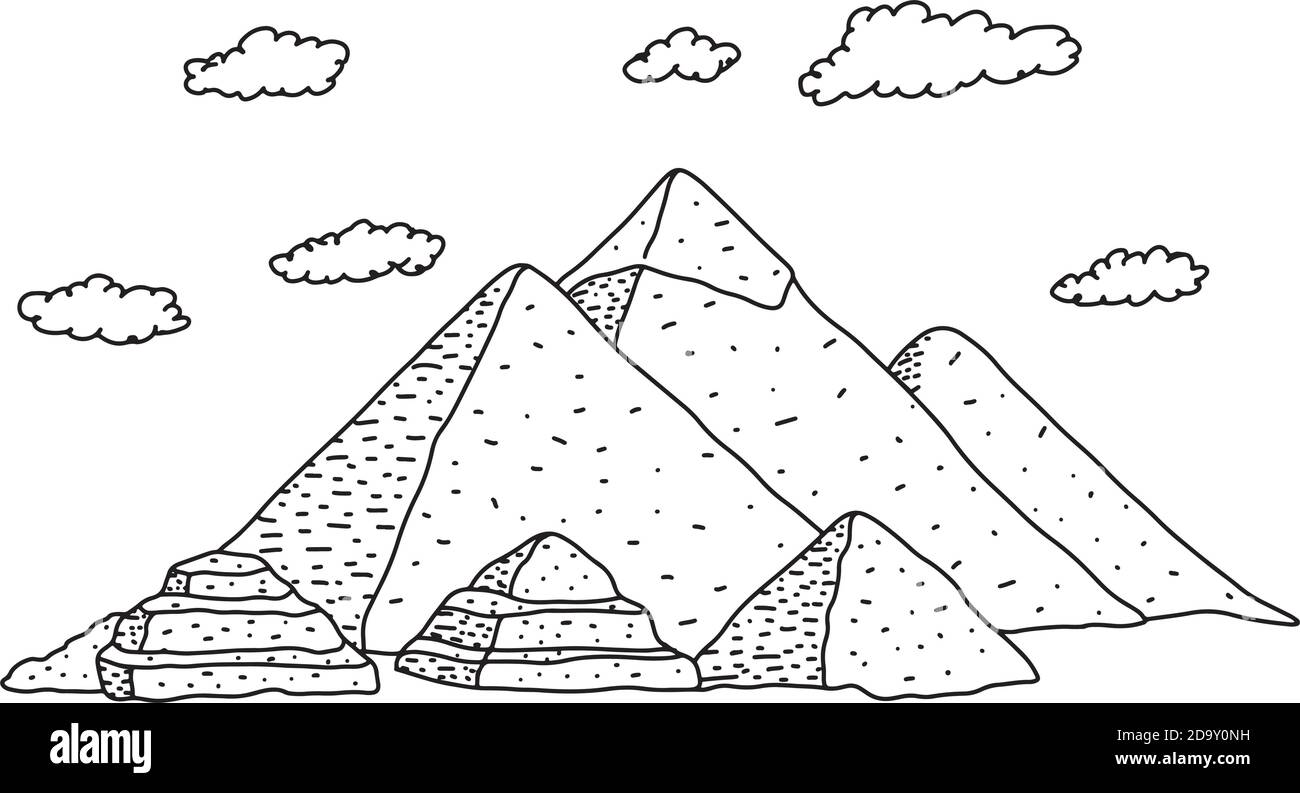 Ägypten Pyramiden mit Wolken Vektor-Illustration Skizze Doodle Hand gezeichnet mit schwarzen Linien isoliert auf weißem Hintergrund. Reise- und Tourismuskonzept. Stock Vektor