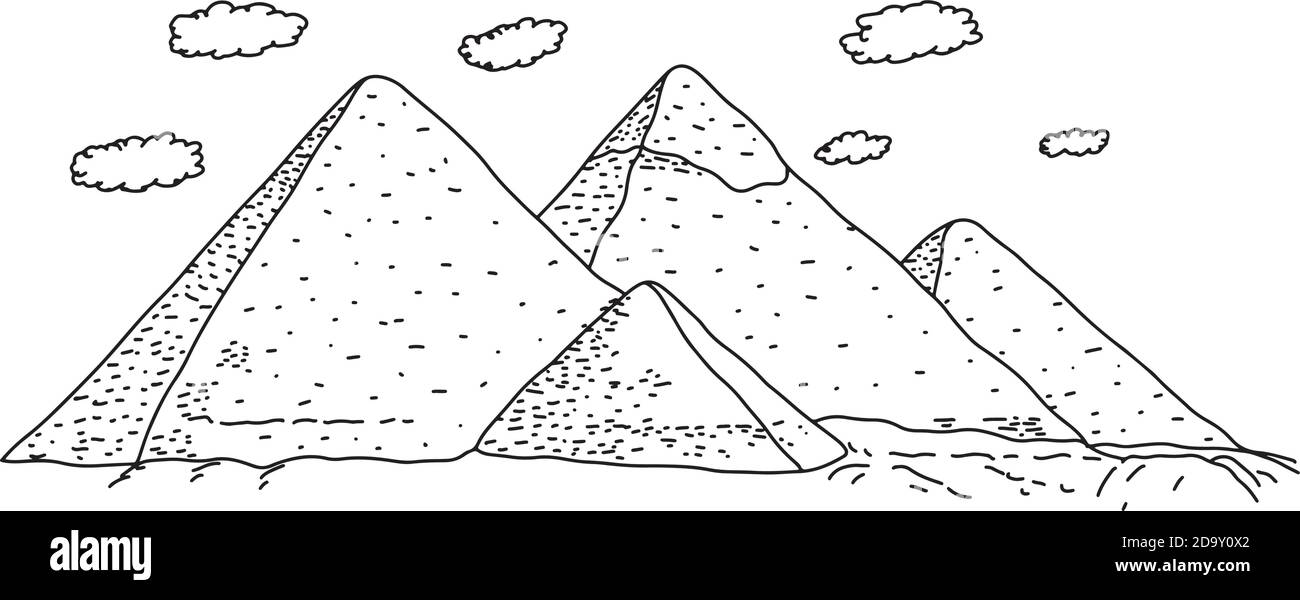 Ägypten Pyramiden Vektor Illustration Skizze Doodle Hand gezeichnet mit schwarzen Linien isoliert auf weißem Hintergrund. Reise- und Tourismuskonzept. Stock Vektor