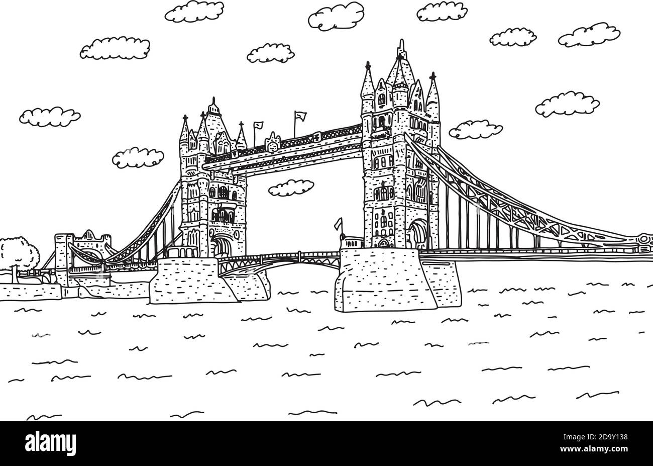 London Tower Bridge mit Wolken Vektor-Illustration Skizze Doodle Hand gezeichnet mit schwarzen Linien isoliert auf weißem Hintergrund. Europäisches Wahrzeichen. Stock Vektor