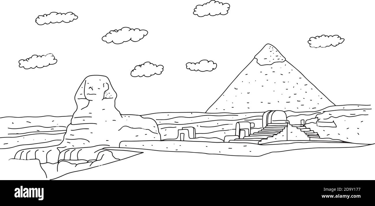 sphinx und Pyramiden bei Giza von Ägypten Vektor-Illustration Skizze Doodle Hand gezeichnet mit schwarzen Linien isoliert auf weißem Hintergrund. Reisen und Tourismus Co Stock Vektor